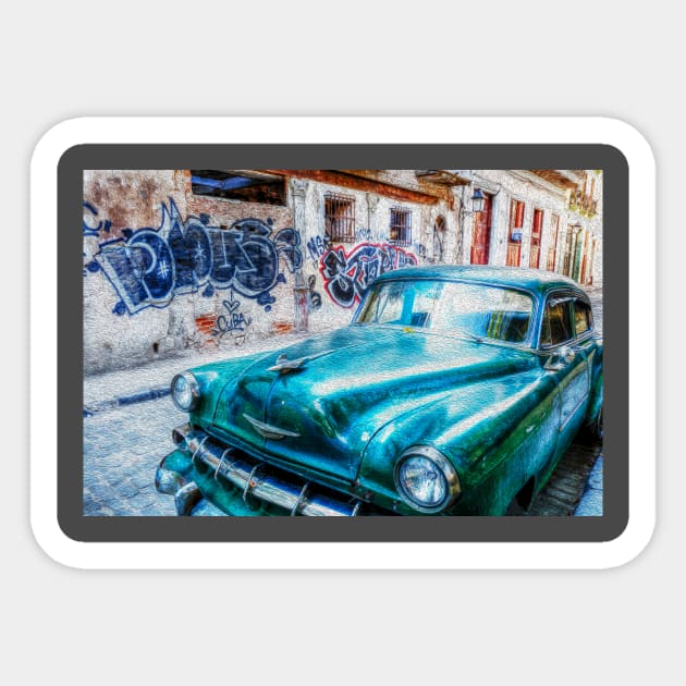 Classic Green Car In Old Havana Cuba, Oil Painting Sticker by tommysphotos